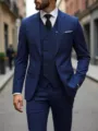 Detailed view of royal blue double-breasted men's three-piece suit showing waistcoat and tie. - US Size XXS / Navy Blue