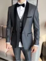 Men grey three piece suit with black shawl lapel, slim fit design for wedding formal detail. - Dark Gray