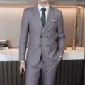 Men's double breasted suit business formal wear set gentleman style jacket pants - Light Gray