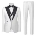 Men's white 3-piece formal suit with black lapel, elegant blazer, vest and trousers for weddings. - White