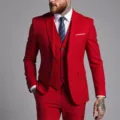 Heren pak driedelig rood blazer vest broek voor huwelijk zakelijk detailoverzicht - US Maat XXXL / Set / Rood