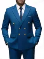 Men's double-breasted business suit jacket with gold buttons and trousers for formal wear. - Lake Blue