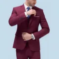 Men's burgundy slim fit 3-piece suit set wedding business casual blazer vest trousers - M / Set / Burgundy