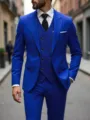 Gedetailleerd overzicht van koningsblauw driedelig herenpak met dubbelgesloten vest en slim fit. - Saffierblauw