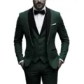 Dark green men's three-piece suit detail, featuring a black shawl lapel and slim-fit design. - Army Green