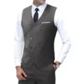Gedetailleerd overzicht van heren dubbelrijige suit vest waistcoat met wit shirt en stropdas voor feesten. - donkergrijs