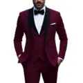 Men's slim fit burgundy 3 piece suit tuxedo set with black shawl lapel for wedding business. - US Size M / Set / Burgundy