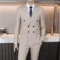 Men double breasted suit set business formal stylish attire detail view showing jacket and trousers. - Off White