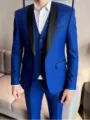 Detail view of a royal blue three-piece groom suit with black shawl lapel and matching vest. - Sapphire Blue