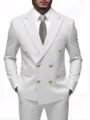 Men's double breasted white suit jacket business formal blazer with gold metal buttons - White