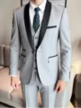 Detailed view of the stylish grey three-piece suit with black shawl lapel for modern men's wear. - US Size M / Top And Bottom / Light Gray