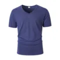 Men's Casual Solid Color V-Neck Short Sleeve T-Shirt in Deep Blue, Comfortable Summer Top. - Navy Blue
