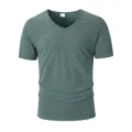 Men's casual solid color V-neck short sleeve t-shirt basic summer top green apparel - Malachite green