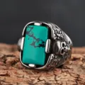 Vintage Men Titanium Steel Turquoise Ring Punk Skull Wings Biker Statement Jewelry - Size 7 / Antique Turquoise (27406)