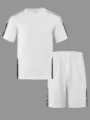 Hommes décontracté manches courtes t-shirt short ensemble été gaufre sportswear bande latérale. - S / Haut Et Bas / Blanc