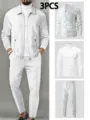 Vue détaillée de l'ensemble blanc homme 3 pièces veste gaufrée col roulé et pantalon. - S / Ensemble / Blanc
