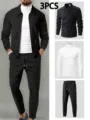 Men waffle zip jacket turtleneck t-shirt track pants 3-piece set autumn casual outfit - Black