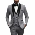 Men's business casual suit set slim fit tuxedo jacket vest and trousers detail view. - US Size M / Set / Light Gray