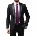 Men slim fit black tuxedo suit detail, shawl lapel wedding groom formal blazer and trousers. - Black