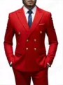 Men's red double-breasted suit jacket detail showing gold metal buttons and crisp collar. - Red
