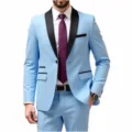 Light blue men's slim fit suit detail view, shawl lapel wedding groom tuxedo two-piece set. - Sky Blue
