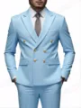 Close-up detail of the light blue men's double-breasted suit jacket with gold buttons. - Sky Blue