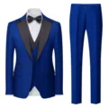 Men's royal blue 3-piece tuxedo suit with black lapel, perfect for wedding and formal events. - Sapphire Blue