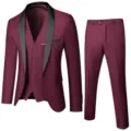 Costume 3 Pièces Homme Bordeaux Coupe Slim avec Col Châle, Veste Gilet et Pantalon Élégant - Taille US/UE M / Bordeaux