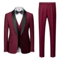 Men's burgundy 3-piece suit set with shawl lapel blazer vest and trousers for wedding business. - XS / Set / Burgundy