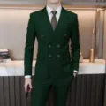 Men's dark green double-breasted suit set, business formal wear for weddings and office. - Army Green