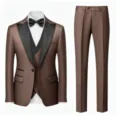 Men's brown three-piece formal suit slim fit tuxedo with black lapel jacket, vest and trousers. - US Size M / Set / Coffee
