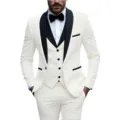 Men's white slim fit tuxedo suit set with black shawl lapel for wedding groom formal events. - US Size M / Set / White