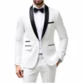 Men white slim fit tuxedo suit two piece set with black shawl lapel for wedding formal event. - M / Top And Bottom / White