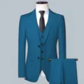 Detailed view of the stylish men's teal 3-piece suit jacket and vest with tie. - Lake Blue