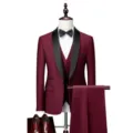 Men burgundy slim 3-piece suit tuxedo set with black lapel for wedding business. - US Size M / Set / Burgundy