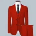 Close-up view of the classic red men's three-piece suit, showing jacket, vest and fabric texture. - M / Top And Bottom (ABC2901-3PCS) / Red