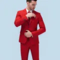 Men's red suit slim fit wedding party business casual formal wear three piece set apparel - M / Set / Red