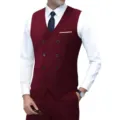 Men's burgundy double-breasted suit vest set with white shirt and tie for formal business events. - US Size M / Tops / Burgundy