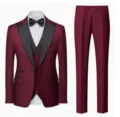 Burgundy Men 3-Piece Suit Slim Fit Tuxedo with Black Shawl Lapel and Vest for Wedding - US Size M / Set / Burgundy