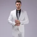Men's slim fit one-button suit two-piece set, white jacket and trousers with black shirt. - US Size M / Top And Bottom / White