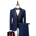 Men's navy blue three-piece formal suit groom wedding tuxedo with jacket vest and trousers - Navy Blue