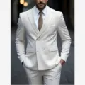 Men's white double-breasted suit formal business blazer jacket with trousers and tie. - EU Size XXS / White