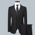 Classic men's three-piece suit set with jacket vest and trousers for business wedding. - Black