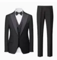 Men's 3-piece formal suit black tuxedo wedding business jacket vest and trousers set - US Size M / Set / Black