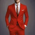 Men's slim fit one-button red suit two-piece set paired with white shirt and brown tie. - US Size M / Top And Bottom / Red
