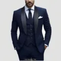Mens 3 piece suit slim fit navy blue business wedding groom tuxedo jacket vest trousers. - Navy Blue