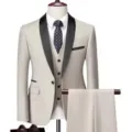 Men's slim fit three-piece suit business wedding tuxedo set in light beige with black lapel - US Size M / Set / Beige