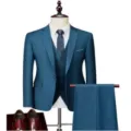 Men Blue Business Suit 3-Piece Set Slim Fit Formal Groom Wedding Suit with Vest and Pants - US Size M / Top And Bottom / Lake Blue