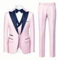 Men's 3-piece pink suit with black lapel, stylish formal wedding party blazer and pants. - Pink