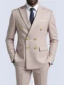 Men's double-breasted suit jacket with gold buttons, stylish business formal blazer top. - Beige